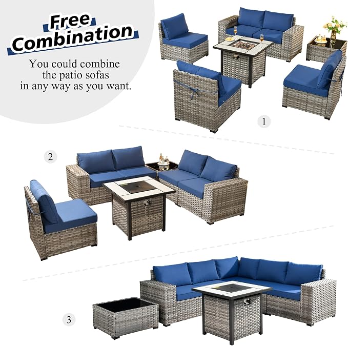 HOOOWOOO Outdoor Patio Sectional Furniture Sofa Set with Propane Gas Fire Pit Table,7 Piece Small Modern Wicker Couch with Widened Armrest,Modular Conversation Seating Set for Out Door(Navy Blue)