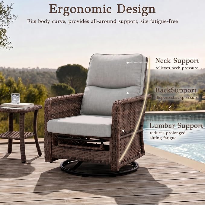 Brafab 7-Seat Piece Wicker Patio Furniture Set with 44" Propane Fire Pit Table, Outdoor Swivel Recliner Chairs with Adjustable Backrest & Footrest for Patio Conversation and Backyard Gathering, Beige