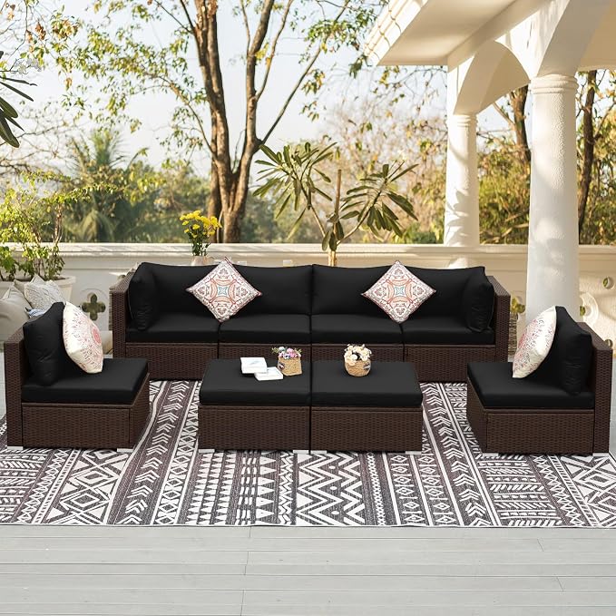 NICESOUL 8 Seater Modern Outdoor Seating Group, Plus Size Big Wicker Patio Modular Sectional with Ottoman, 29.3'' High Back Comfy Conversation Sets for Outside, Brown Rattan and Black Cushion