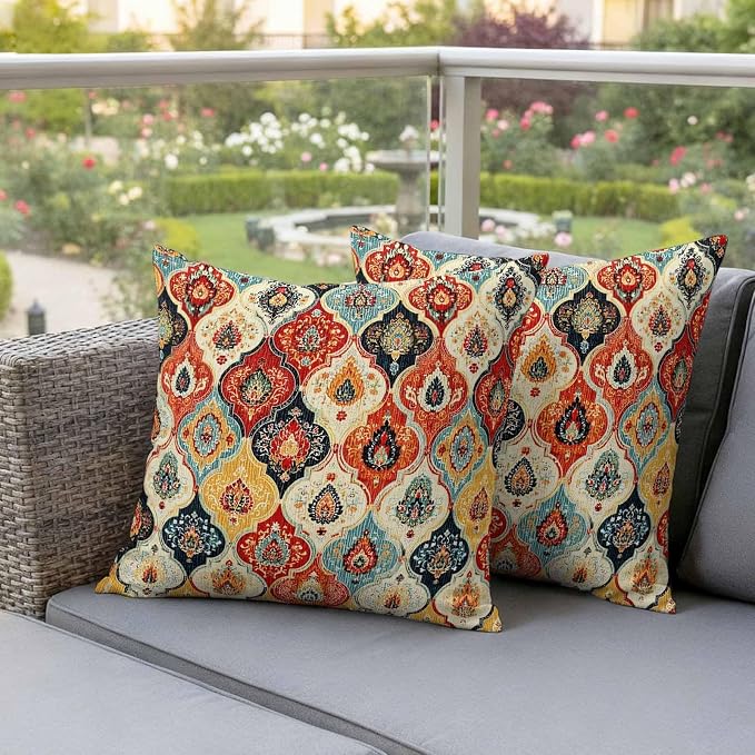 Bohemian Floral Outdoor Pillow Covers 26"x26" Set of 2, Moroccan Exotic Colored Floral Waterproof Throw Pillow Covers for Patio Furniture, Decorative Cushion Covers for Porch