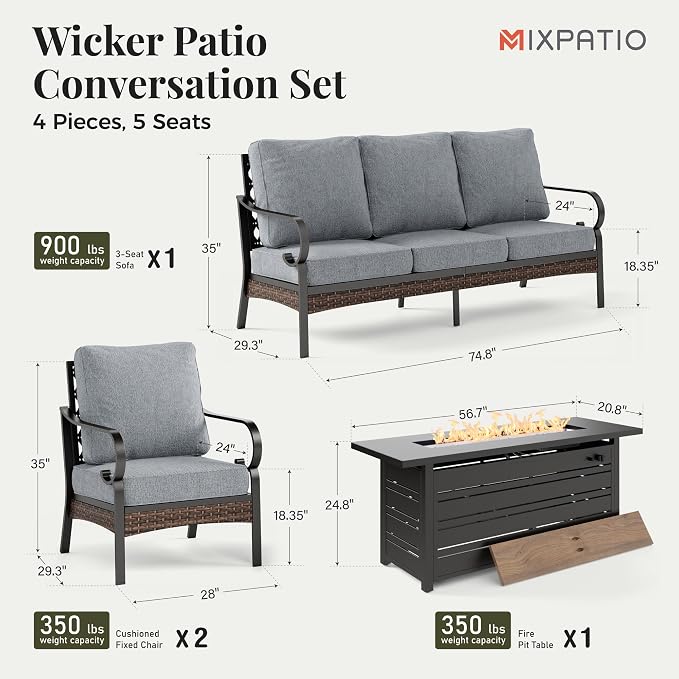 MIXPATIO Patio Furniture Set with Fire Pit Table, 4 PCS Metal Outdoor Conversation Set with 5.75'' Extra Thick Cushion, 2 Chairs, 3-Seat Sofa and Gas Fire Pit Table, Grey