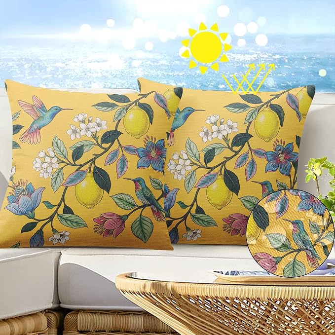 Throw Pillow Covers, Yellow Bird Floral, 18 x 18 Inch, Set of 2 | Outdoor Waterproof Pillowcase Square Cushion Case Farmhouse Garden Decorative Pillows for Couch Beach Patio