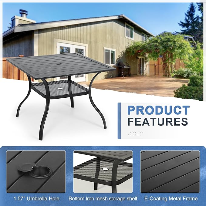 Crownland 5 Piece Patio Dining Set, Textilene Dining Sets, 4 Textilene Metal Chairs and Square Outdoor Dining Table with Sky Blue 9FT Round Outdoor Umbrella