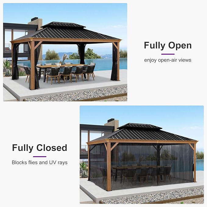 PURPLE LEAF 12' X 16' Outdoor Hardtop Gazebo for Patio Galvanized Steel Double Roof Permanent Canopy Aluminum Frame Pavilion Gazebo with Netting