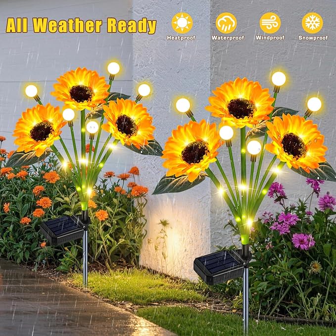 6 Pack Solar Sunflower Lights Outdoor Garden Decor, Upgraded with Firefly Lights, Waterproof Solar Flower Stake for Outside Yard Lawn Backyard, Gardening Gifts for Women Mom Grandma