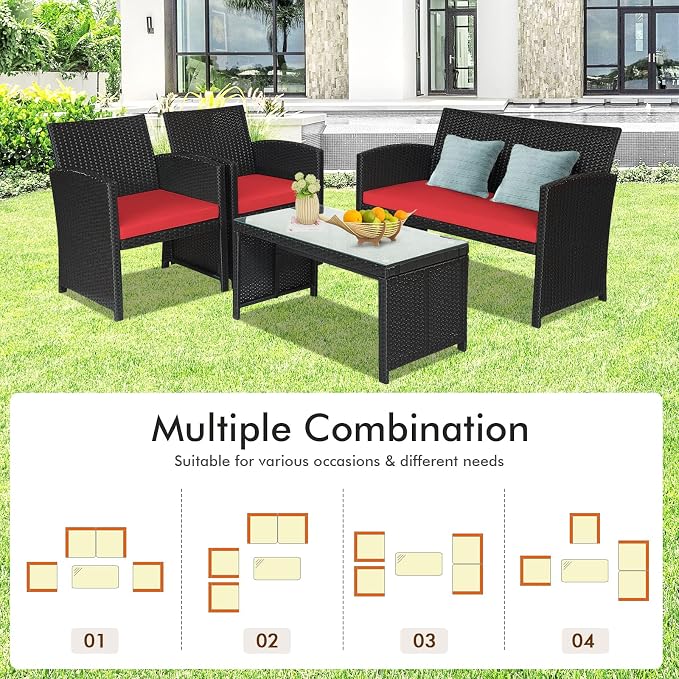 DORTALA 8 Pieces Patio Wicker Conversation Furniture Set, Outdoor Rattan Sofas with Bistro Sets with Coffee Table for Courtyard Balcony Wicker Chairs with Soft Cushion and Table, Red
