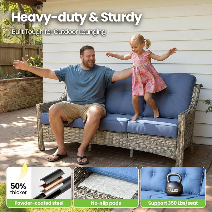 2 Piece Patio Furniture Set, Outdoor Wicker Chairs Set of 2 with Thick Cushion, Heavy Duty High Back Comfortable Chair for Small Balcony Porch Garden, Sapphire Blue