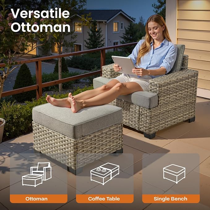 ovios 7 Piece Patio Sectional Furniture, Rattan Wicker Coversation Couch Set, Outdoor Sofa Set for Outside Porch Balcony Backyard Pool,Dark Grey