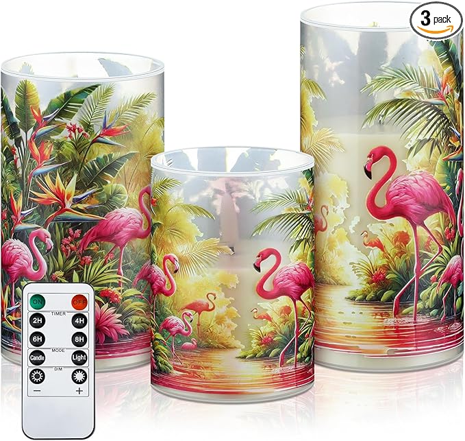 Tujoe 3 Pcs Summer Flamingo Flameless Candles LED Battery Pillar Candles Set Battery Operated Flickering Gifts with Remote Summer Decor for Holiday Decoration