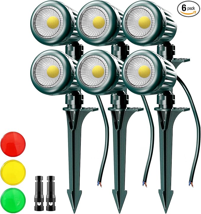 Low Voltage Landscape Lights,5W 500LM Outdoor Landscape Lights with 4 Color Lenses (White Light,Red,Yellow,Green),IP67 Waterproof Outdoor Spot Lights for Garden Passage Wall Tree Fence,6 Pack