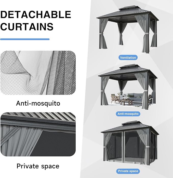 AirWire 10'x12' Gazebo Hardtop Gazebo, Aluminum Frame Pergola with Double Galvanized Steel Roof, Permanent Outdoor Metal Canopy with Curtain & Netting for Patio, Backyard, Deck, Dark Grey
