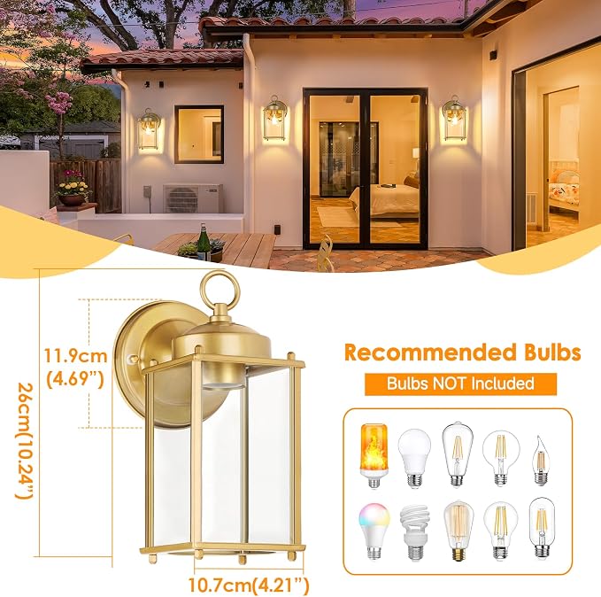 MATAMEYE Large Outdoor Wall Lantern, Exterior Waterproof Wall Sconce Light Fixtures, Gold Front Door Lighting with Clear Beveled Glass, Anti-Rust E26 Socket Porch Lamp, 2 Pack