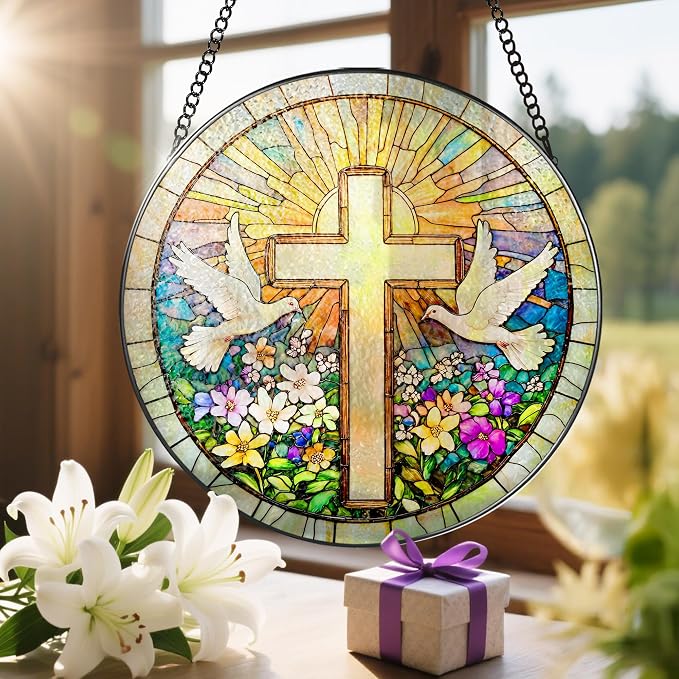 Cross and Wildflowers Stained Glass Suncatcher, 8 Inch Christian Stained Glass Windows Hanging, Flower Cross Gift for Religious, Christian Gifts, Easter Faith Home Decor