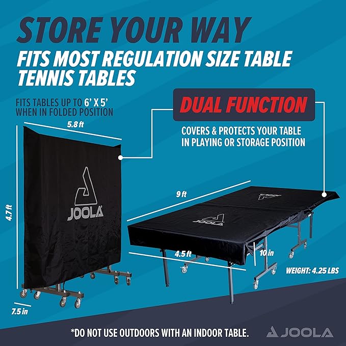 JOOLA Outdoor Ping Pong Table Cover Fits Both Folding & Flat Tables - Heavy Duty Waterproof Cover w/ PVC Coating - Dual Function, Fits 9x5 Tables in Upright or Down Positions - Inside & Outside