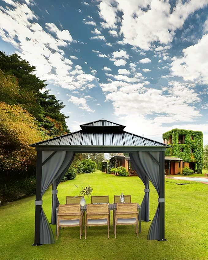 12x12 FT Hardtop Gazebo with Double Metal Roof, Aluminum Frame Permanent Pavilion with Curtains and Netting, Outdoor Gazebo for Patio Backyard Lawns