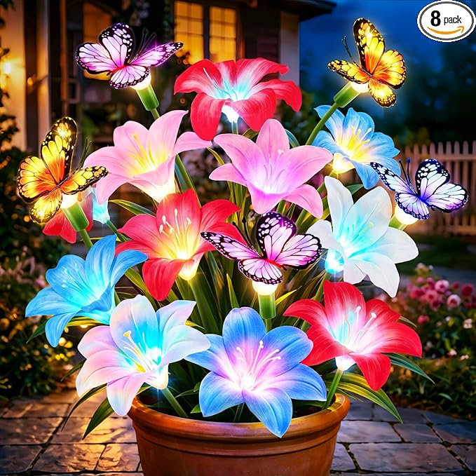 Solar Garden Lights Outdoor, 8 Pack Lily Solar Flowers with Butterfly, 64 LED 800mAh Waterproof Solar Flowers for Outside, 7 Color Changing Adjustable Stems for Yard Patio Garden Decor, Gift for Mom