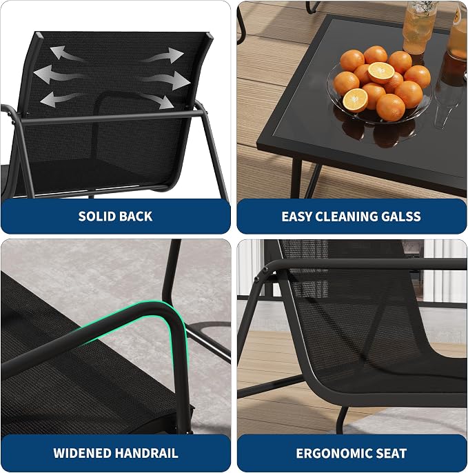 4 Piece Patio Conversation Set Textilene, Outdoor Conversation Set with Single Chairs and Glass Top Coffee Table, One Love Seat, Two Single Chairs and One Table