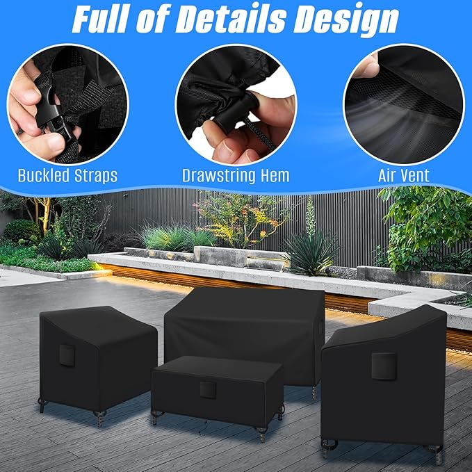 SIRUITON Patio Furniture Covers 4 Piece Set Waterproof Outdoor Patio Furniture Set Covers, 600D Heavy Duty Durable and Water Resistant Fabric Fit for Chairs, Couch, Coffee Table -XX-Large Black