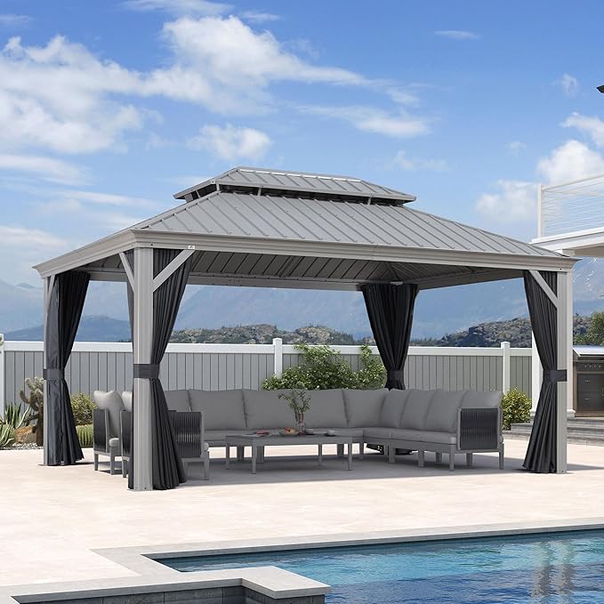 PURPLE LEAF 11' x 15' Permanent Hardtop Gazebo with Galvanized Steel Double Roof and Aluminum Frames Outdoor Large Pavilion Gazebo for Patio Deck Garden, Netting and Curtains Included, Light Grey