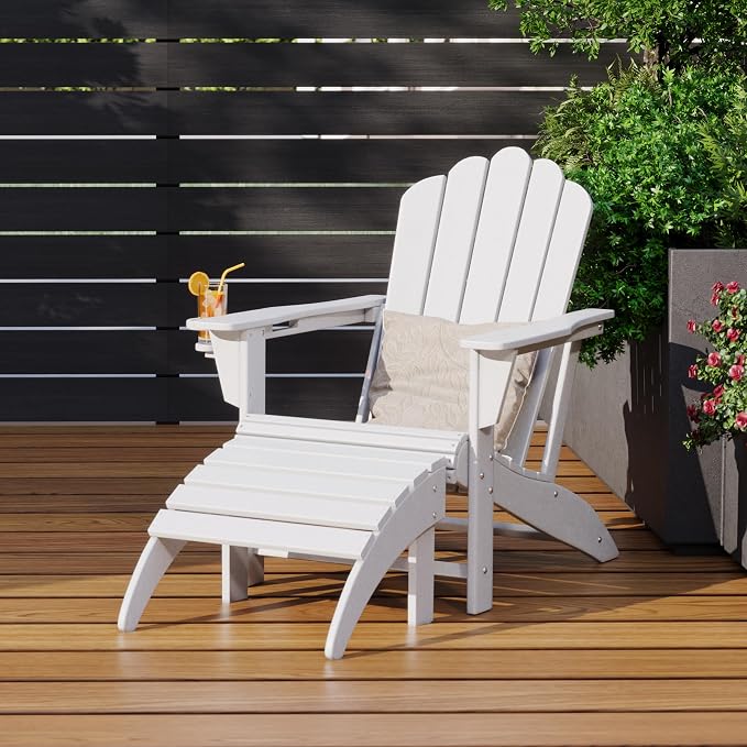 Costaelm Lakeview 2-Piece Outdoor Patio HDPE Adirondack Chair with Ottoman and Cup Holder Set, White