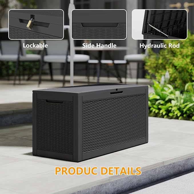 Outdoor Storage Box, 110 Gallon Waterproof Deck Box [Upgraded 3.0], Auto-Open Gas Struts Resin Organizer for Lounger Pillows, Secure Lockable Backyard Storage Bench, Poolside Deck, Black