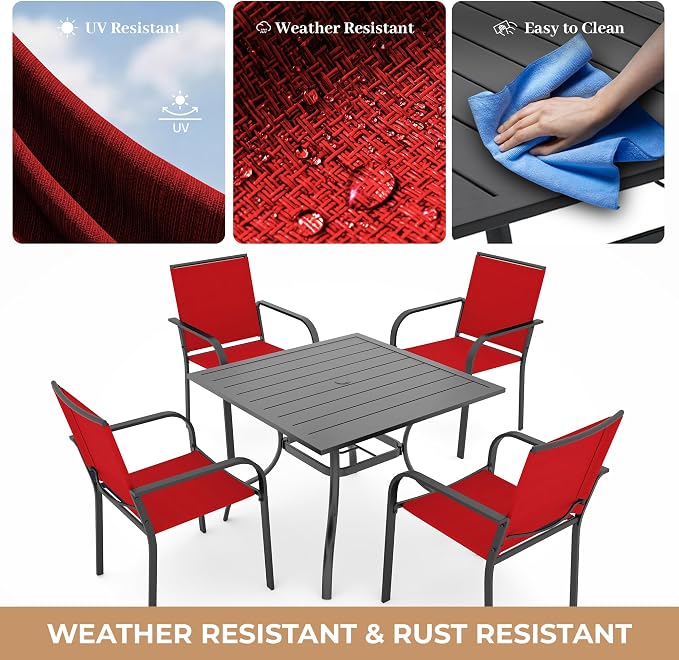 Anmutig 5 Piece Patio Dining Set, Outdoor Stackable Chairs and 35" Square Metal Patio Table with 1.57" Umbrella Hole for Garden Backyard Deck, Red