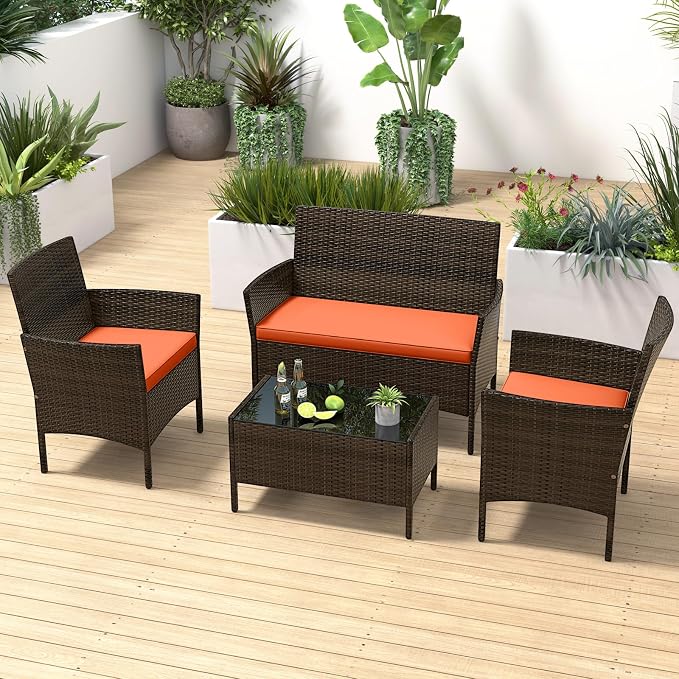 4 Piece Patio Furniture Set, Sectional Conversation Sofa Set with Glass Coffee Table, Cushions & Loveseat, Wicker Outdoor Table and Chairs for Pool, Garden, Deck, Backyard (1, Orange)