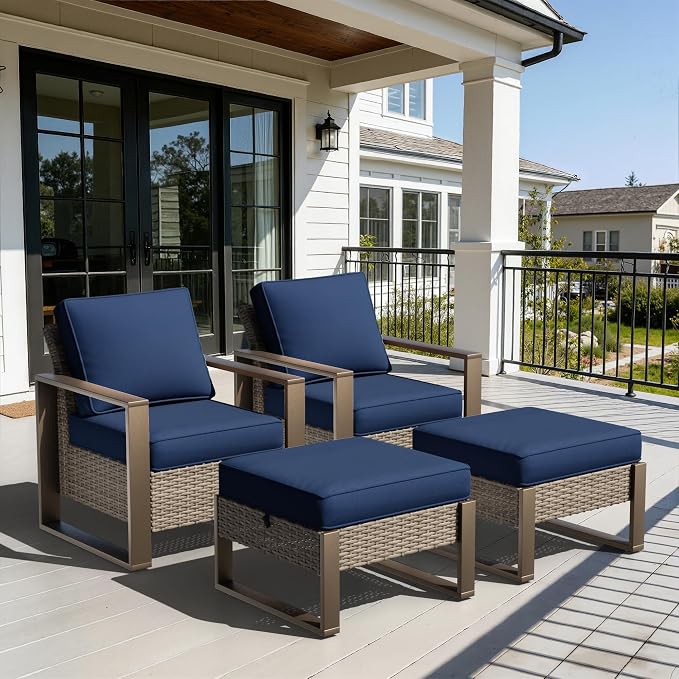 Outdoor Wicker Metal Chairs Set of 2 with Two Ottomans - 4 Pieces Patio Bistro Set with Rectangular Framed Wood-Looking Metal Armrest & Removable Cushions for Poolside, Terrace, Dark Blue