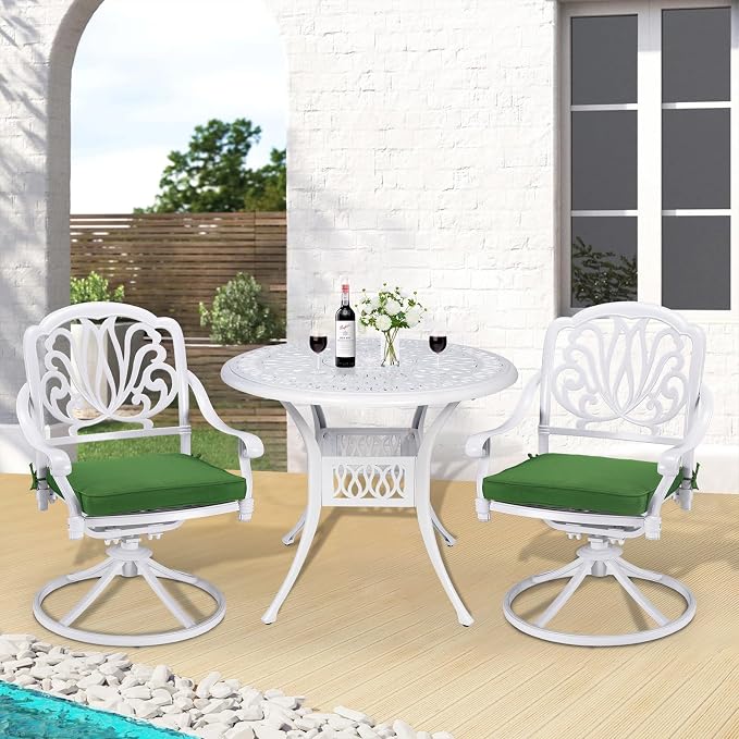3-Piece Outdoor Patio Dining Set, All-Weather Cast Aluminum Patio Furniture Set for Backyard Garden Deck with 2 Swivel Cushioned Chairs and 35.4” Round Table, 2" Umbrella Hole, White