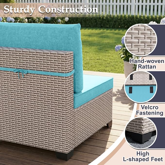 Patio Furniture Set, 12-Piece Outdoor Sectional Sofa with Swivel Rocker Chairs & Ottomans, Wicker Patio Conversation Set with Coffee Table, Cyan Cushions
