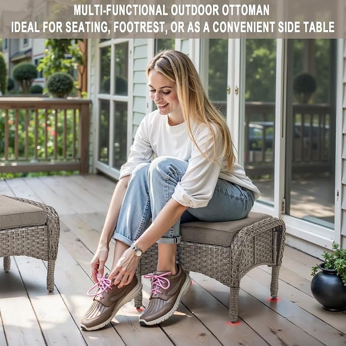 Belord 5 Piece Swivel Rocker Glider Outdoor Chairs Set of 2 with Ottoman and Glass Side Table Patio Bistro Furniture Set, Comfort High Back Wicker Patio Conversation Set for Deck Porch Sunroom
