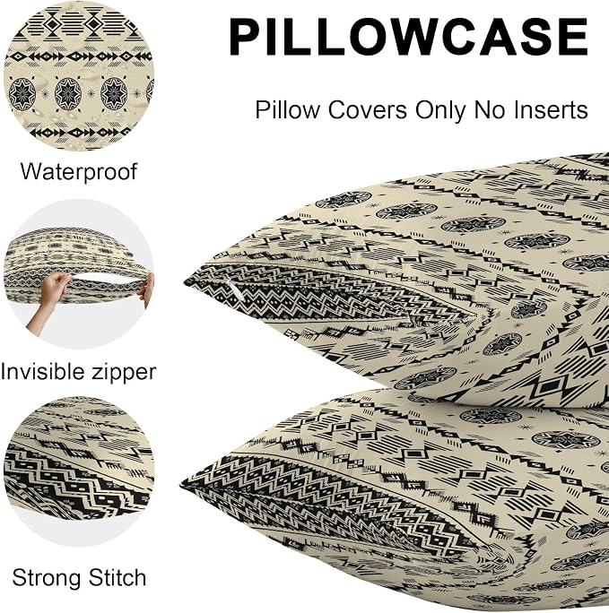 Black Khaki Boho Outdoor Pillow Covers 24x24 Inch Throw Pillow Covers Set of 2 Waterproof Decorative Pillow Cases Vintage Ethnic Tribe Abstract Art Retro Cushion Covers for Patio Furniture Garden