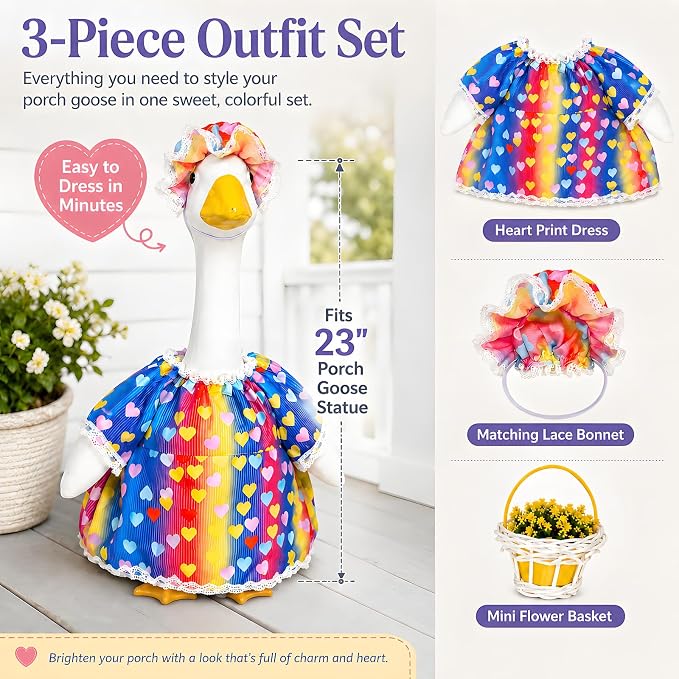 Funny 3-Piece Heart Print Porch Goose Outfits Set, Vintage Lace Trim Dress, Matching Bonnet & Flower Basket, Spring/Summer Yard & Lawn Goose Costume for 23" Statue, Outdoor Patio Garden Decoration
