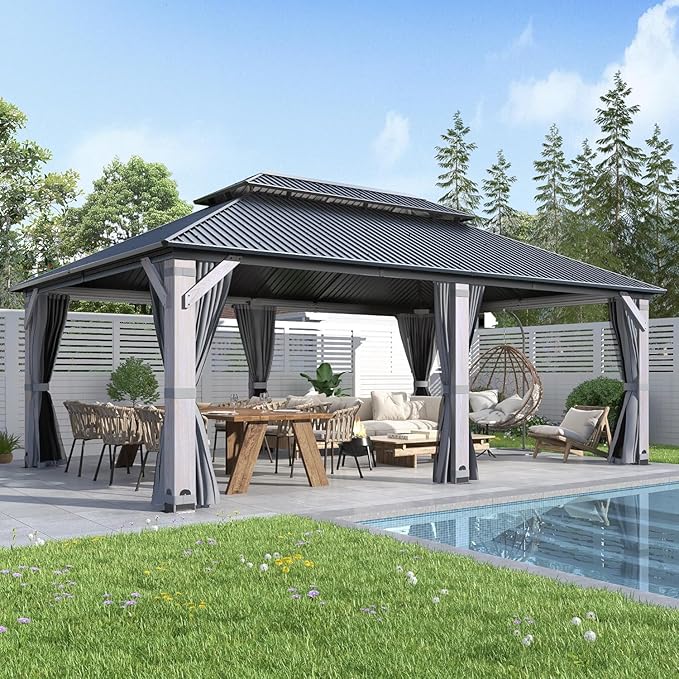 COVERONICS 12'x20' Outdoor Wood Gazebo - Hardtop Wooden Gazebo with Galvanized Steel Roof, Heavy-Duty Pavilion with Netting & Curtains for Garden, Poolside, Deck, Backyard
