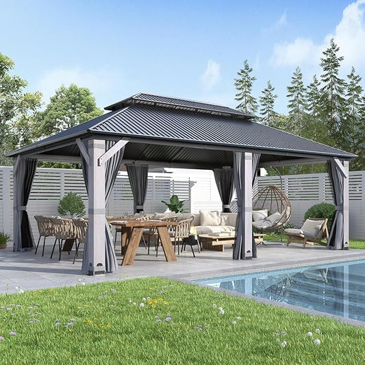 COVERONICS 12'x20' Outdoor Wood Gazebo - Hardtop Wooden Gazebo with Galvanized Steel Roof, Heavy-Duty Pavilion with Netting & Curtains for Garden, Poolside, Deck, Backyard