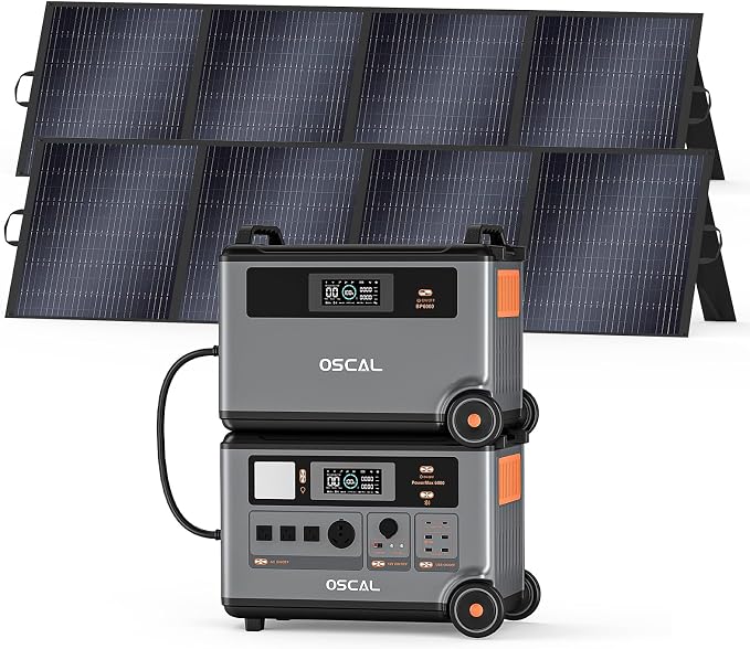 OSCAL 6000W Solar Generator, 7200Wh Power Station with 2x200W Solar Panels, 4 AC Outlets(9000W Surge), 120V/240V Dual Voltage, LiFePO4 Battery for Home Backup Outdoors Camping RV Emergency