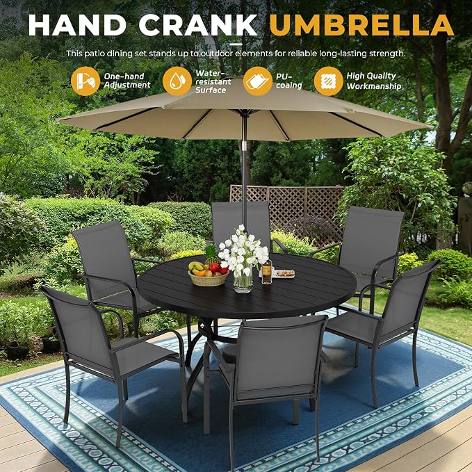 Incbruce 8 PCS Patio Dining Set with Brown Umbrella, Outdoor Dining Set of 6 Textilene Chairs and 53" Round Table with Umbrella Hole for Backyard, Garden, and Poolside (Grey)