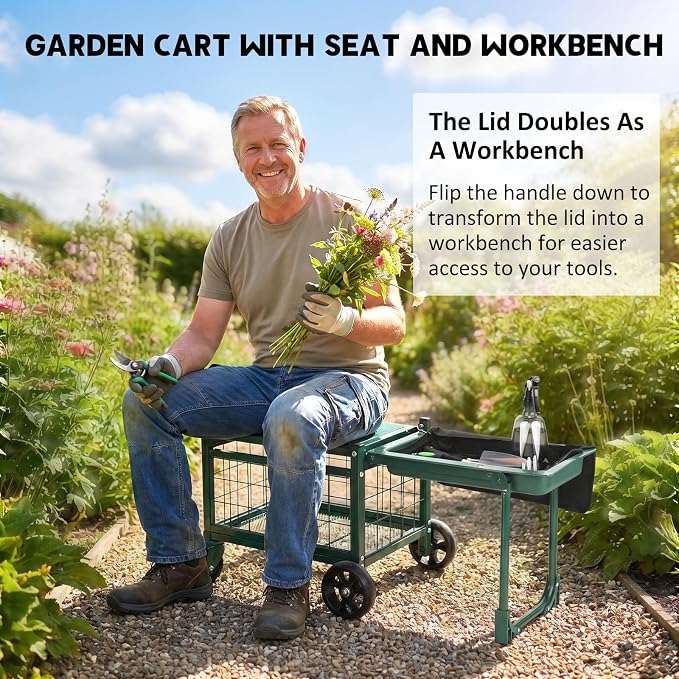 Garden Cart with Seat and 360° Swivel Wheels, Rolling Garden Work Seat with Workbench, Metal Storage Basket, and Tool Bag, Heavy Duty Gardening Carts and Wagons for Seniors