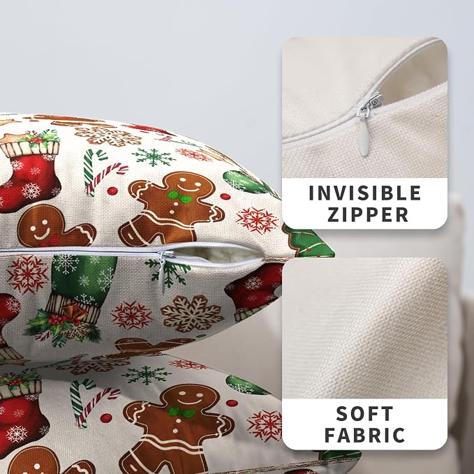 Christmas Pillow Covers 22x22 Set of 2 Gingerbread Man Throw Pillow Covers Xmas Tree Socks Gloves Snowflakes Pillow Case for Holiday Decor Couch Sofa