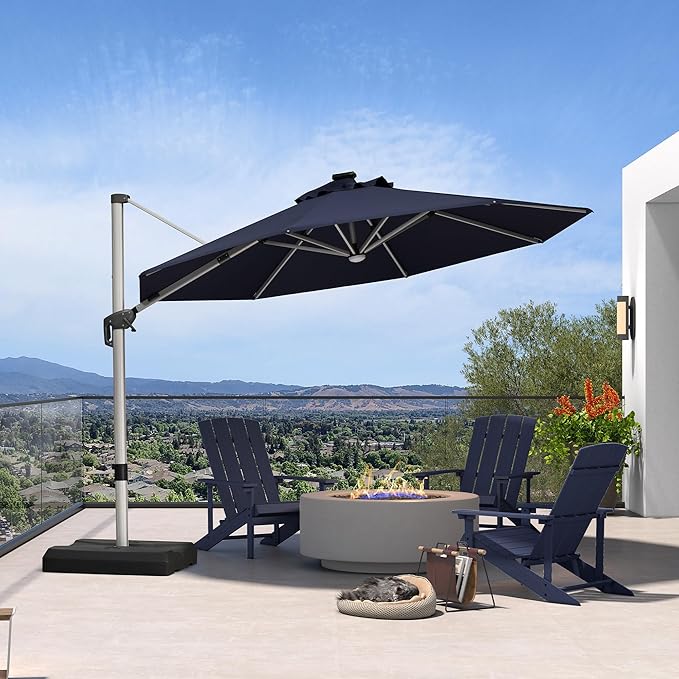PURPLE LEAF Cantilever Umbrella with base 11ft Outdoor Round Patio Solar Powered LED Umbrella with 360-degree Rotation for Garden Deck Pool Patio, Navy Blue