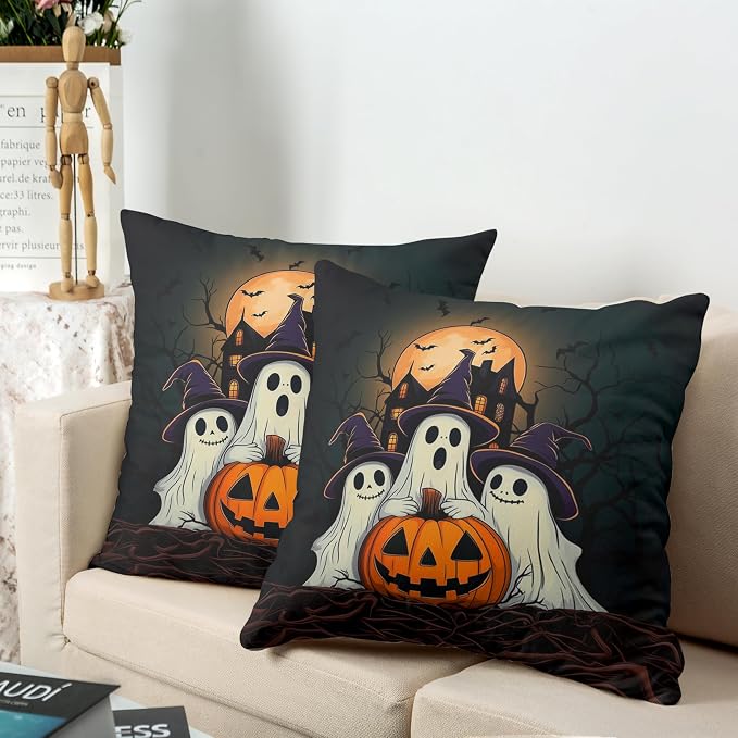 Set of 2 Halloween Pillow Covers 22x22 Ghost Throw Pillow Covers Full Moon Night Castle Bat Pillow Case Jack-O-Lantern Cushion Case for Holiday Party Decor Couch Sofa