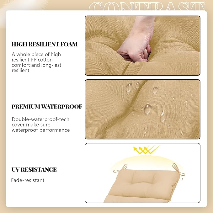Kigley Outdoor Chaise Lounge Cushions with 3 Side Pocket 74.5 x 22 x 4.7 Inch Patio Chaise Lounge Cushion, Water-Repellent and Fade-Resistant Tufted Summer Replacement(1 Pcs,Beige,Solid Color)