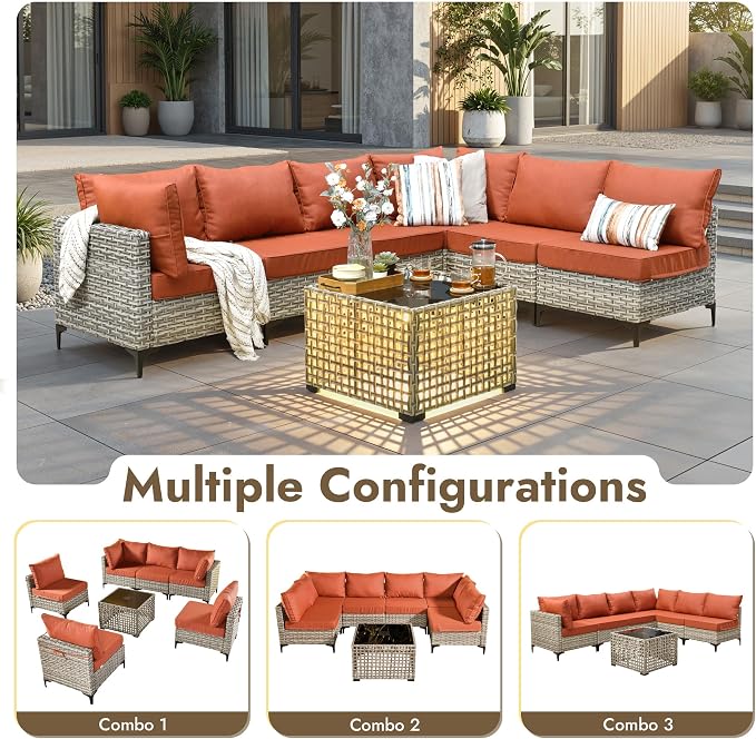 7 Pieces Patio Furniture Set with Solar Light Coffee Table, All-Weather Rattan Outdoor Sectional Conversation Sets L Shaped Sofas with Thick Cushions for Porch Balcony,Coarse Stripes Red