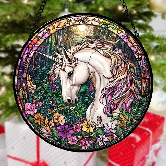 DASTOLL Stained Glass Window Hanging, Unicorn Flowers Suncatcher for Doors Home Sun Catchers Decoration and Christmas, Mother's Day Birthday Gifts for Women, Men, and Mom 14.9x14.9 in