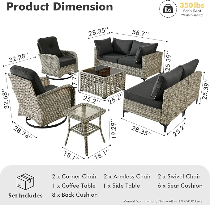 8 Pieces Wicker Patio Furniture Set,Outdoor Sectional Sofa with Swivel Chairs Coffee Table,Outside Deep Seat Rattan Couch Conversation Set,Black