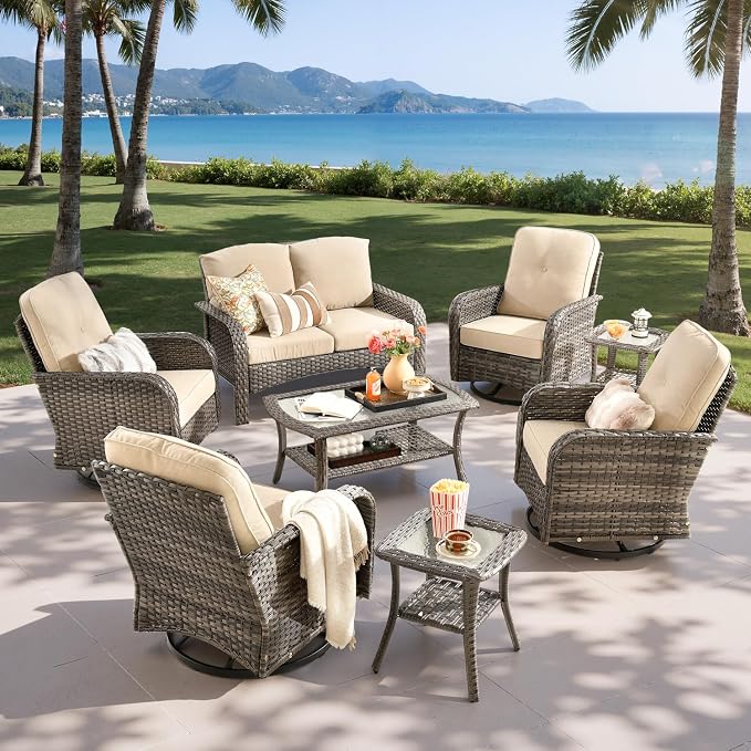 8-Piece Outdoor Patio Furniture Set with Swivel Chairs, Outdoor Conversation Wicker Sofa with Coffee Table, Rattan Couch for Deck Yard Poolside, Beige