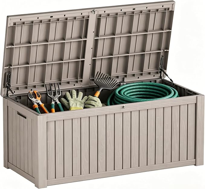 Outdoor Storage Deck Box, Large Patio Container for Garden Tools, Cushions and Yard Accessorie.Lockable Waterproof Resin Weatherproof Storage Container (Light Brown, 150 Gallon)