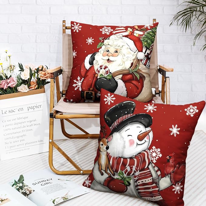 Lovely Christmas Snowman Pillow Covers Santa Throw Pillow Covers 18x18 Set of 2 Red Xmas Pillowcase Winter Snowflakes Cushion Case for Holiday Decorations Couch Sofa