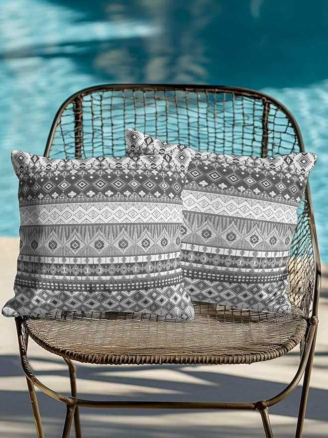 Waterproof Outdoor Pillow Set of 2 Black Bohemian Decorative Throw Pillows Cover & Insert 18x18 Inch Pillowcase Boho Style Floral Leaves Geometric Pillows for Couch Sofa Bed Patio Furniture