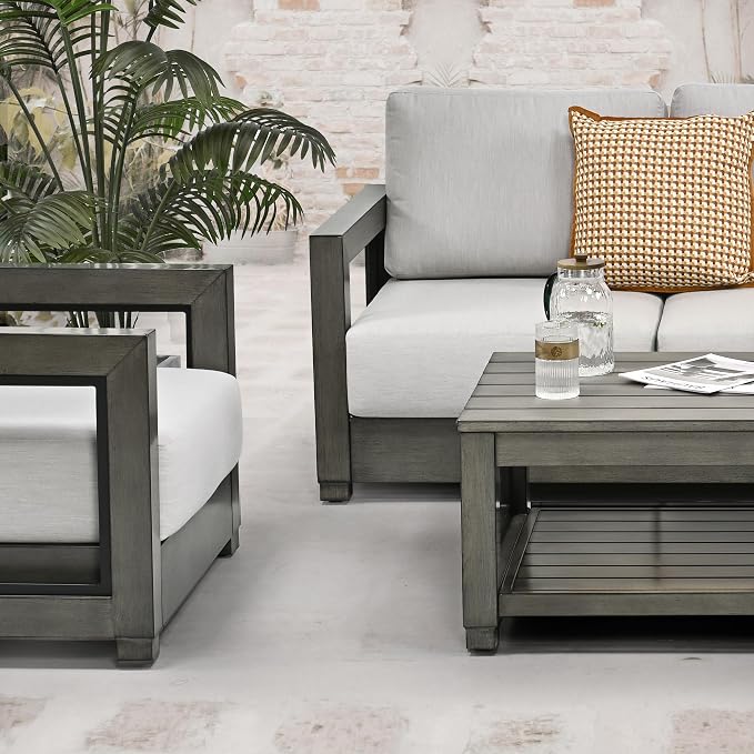 HAPPATIO Oversized Aluminum Patio Furniture Set, Outdoor Conversation Set 4 Pieces with 3-Seat Sofa and Coffee Table, Extra Large Seat with Thicken Cushion for Backyard Poolside, Grey